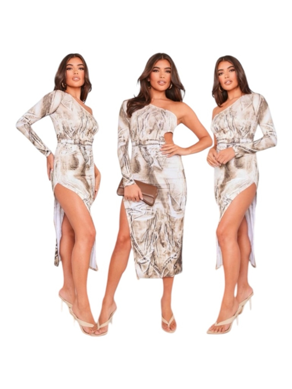 PrettyLittleThing- Midi Dress One-Shoulder Abstract Cut Out Taupe- US 8 NWT